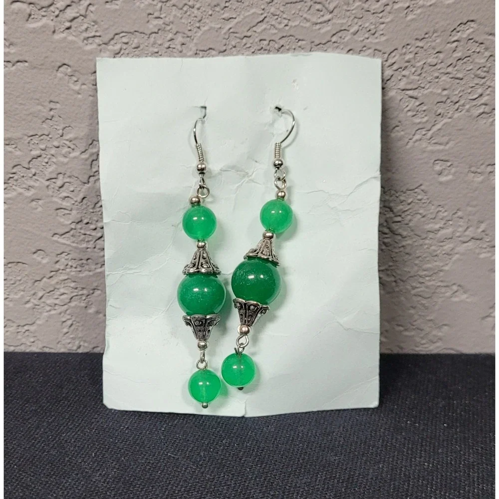 Green Jade Bead Dangle Drop Earrings with Silver-Tone Hardware